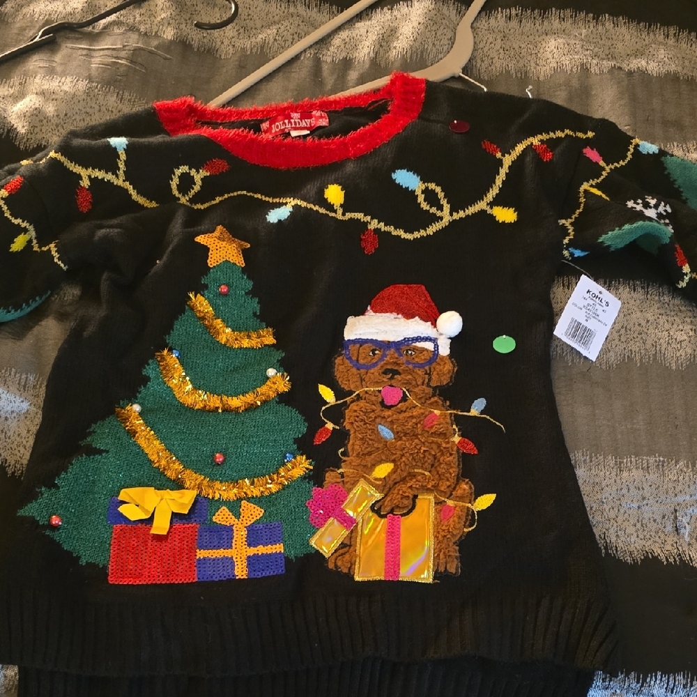 Holiday Time Festive Black Sweater with Tree and Dog